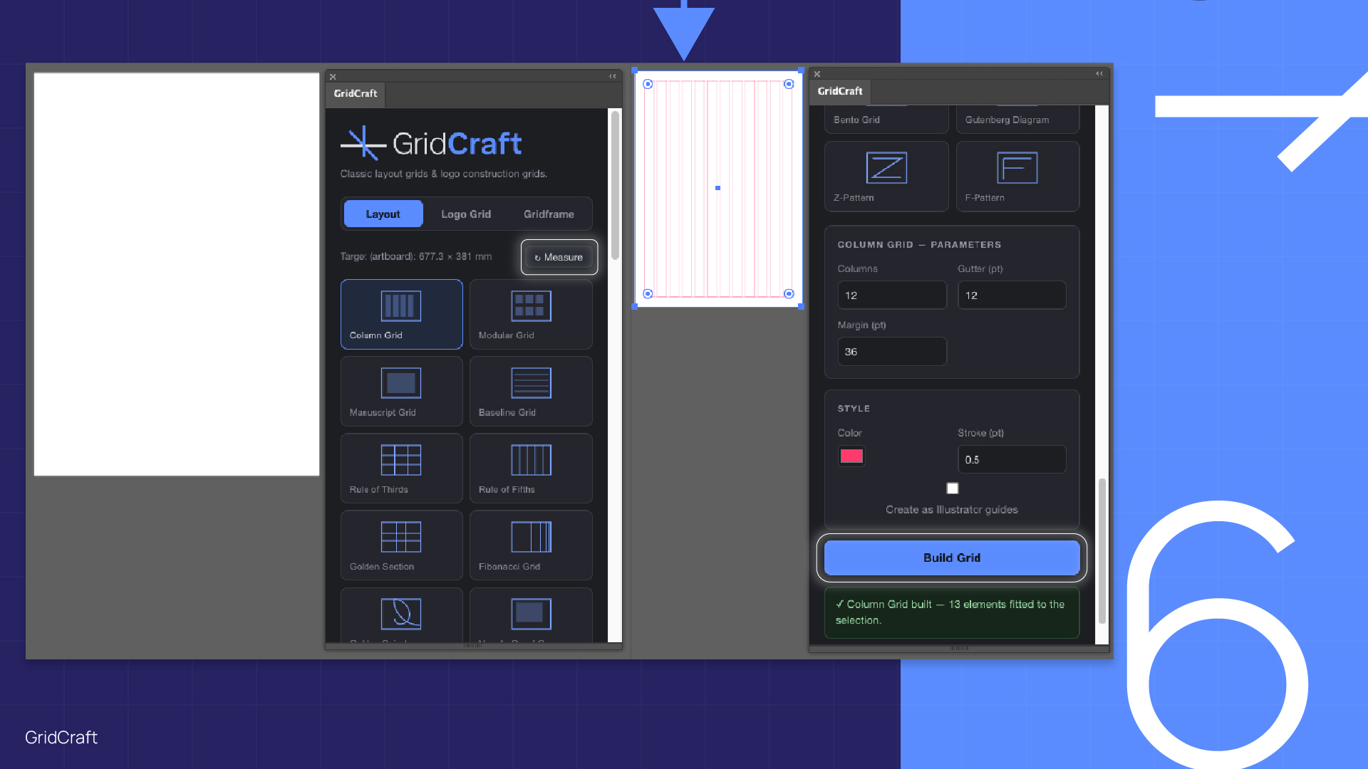 GridCraft grid plugin panel and controls in Adobe Illustrator